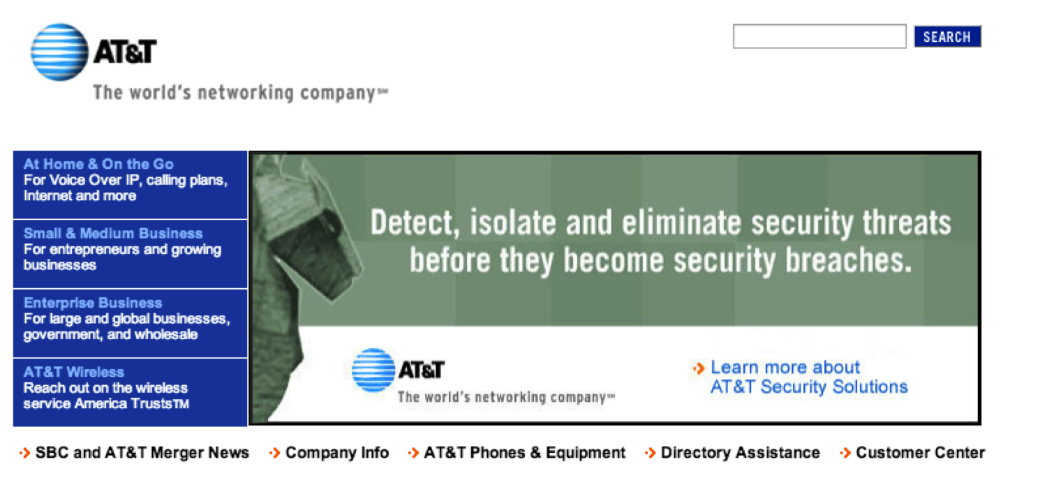 AT&T home page circa 2005, showing mostly blue, black and white color scheme