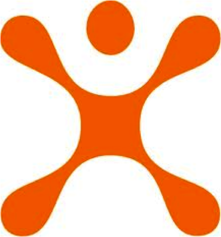 Picture of a stylized human being drawn as a curvy cross with a dot in orange