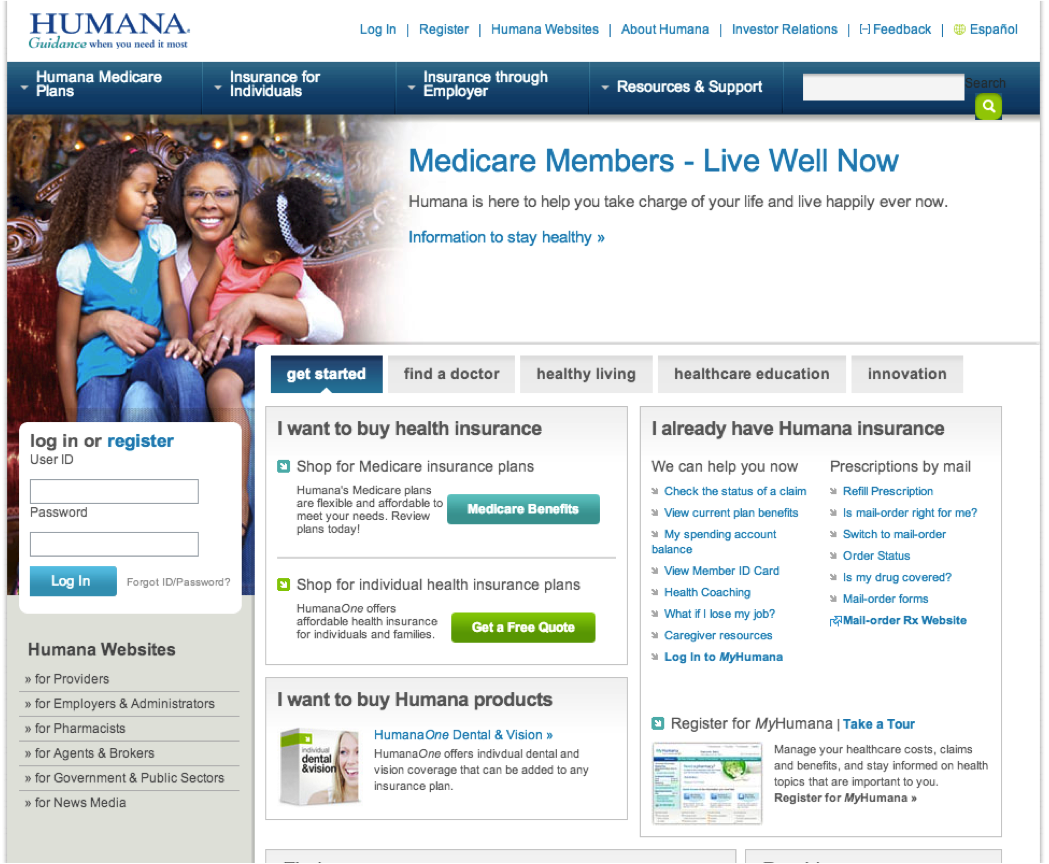Humana home page circa 2012, showing a page with many color contrast issues due to brand color implementation choices