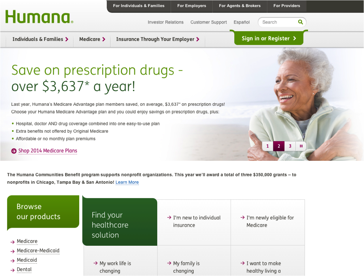 Humana home page circa 2014, showing a page with no color contrast issues that is still young and fresh and uses a major brand color of green which is notoriously difficult from a color contrast perspective
